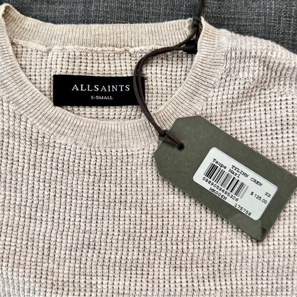 AllSaints Mens Tylinn Crew Waffle Knit Sweater XS New With Tags Taupe - Picture 5 of 7